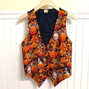 111 Main Vintage Womens Halloween Bears Pumpkin Patch Vest, Orange Black,M